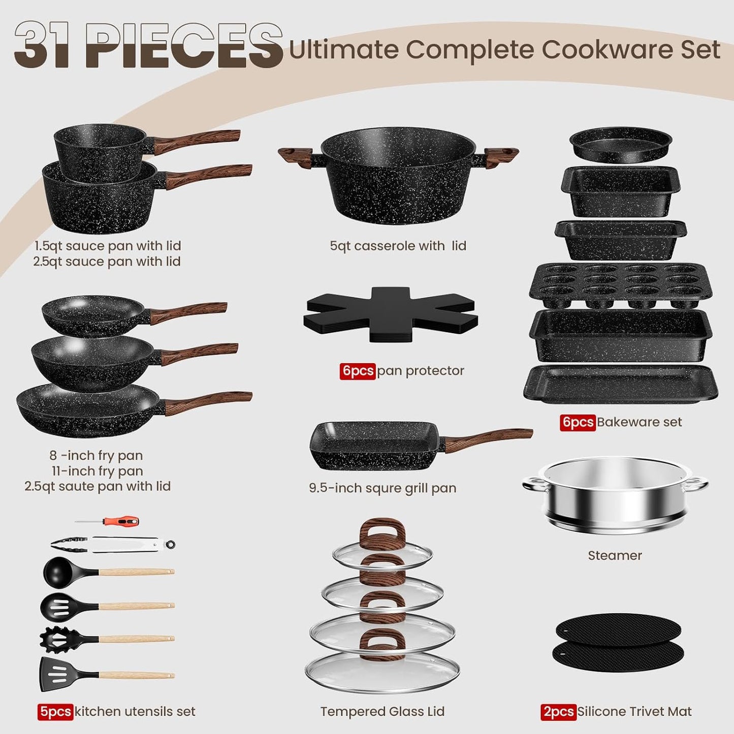 Pots and Pans Set Non Stick, 31 Piece Kitchen Induction Cookware & Bakeware Set, Nonstick Kitchen Cooking Pans Set with
