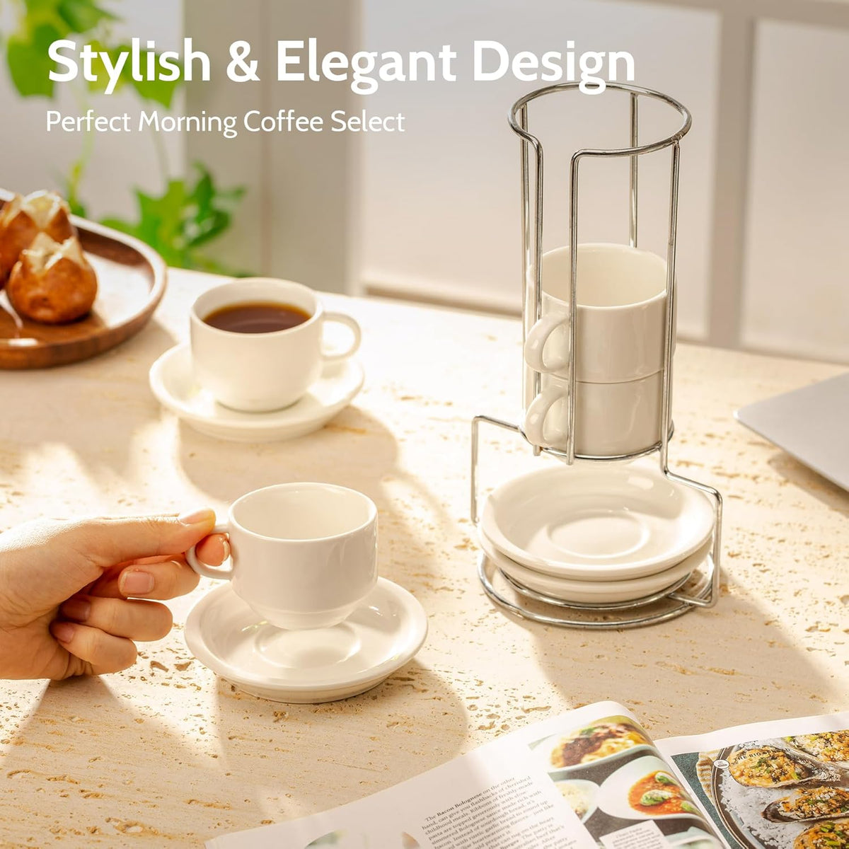 Sweese 4 Ounce Porcelain Stackable Espresso Cups with Saucers and Metal Stand Set of 4, White