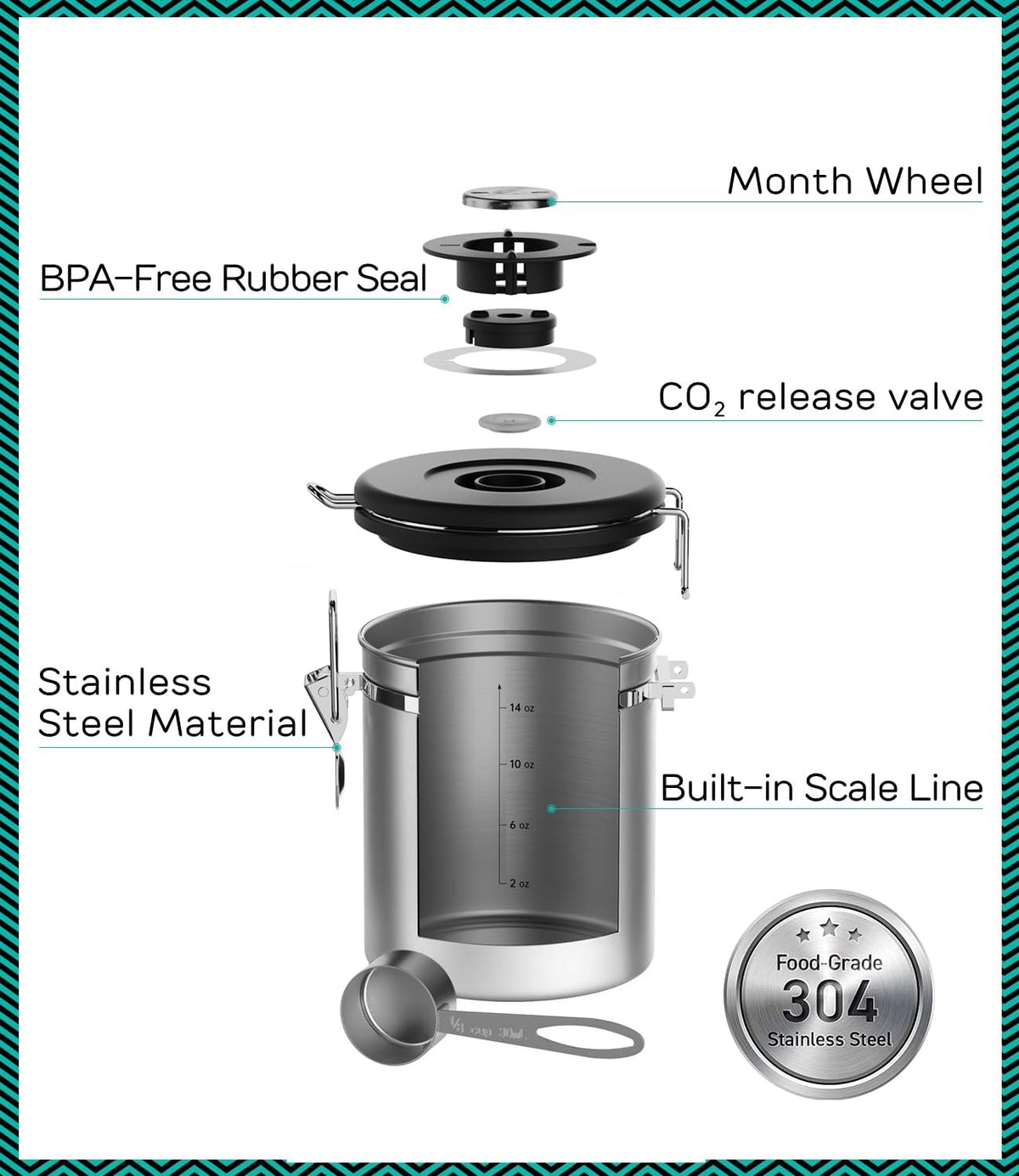 Coffee Gator Coffee Canister, 16oz Airtight Stainless Steel Container | w/ Date Tracker, Scoop, Kitchen Food Storage Jars for Beans , Ground, Rice, Tea, Sugar, Cookie, Bar Accessories, Silver