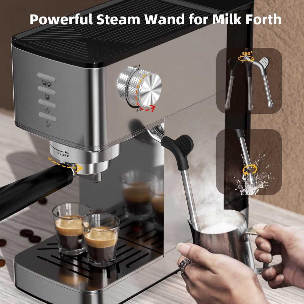 Electactic CM8032SH Essential Stainless Steel Espresso Machine with Steam Wand, Powerful 20-Bar Italian Pump, 37oz Removable Water Tank, Compact Espresso Maker for Home Baristas, Cappuccino &amp; Latte