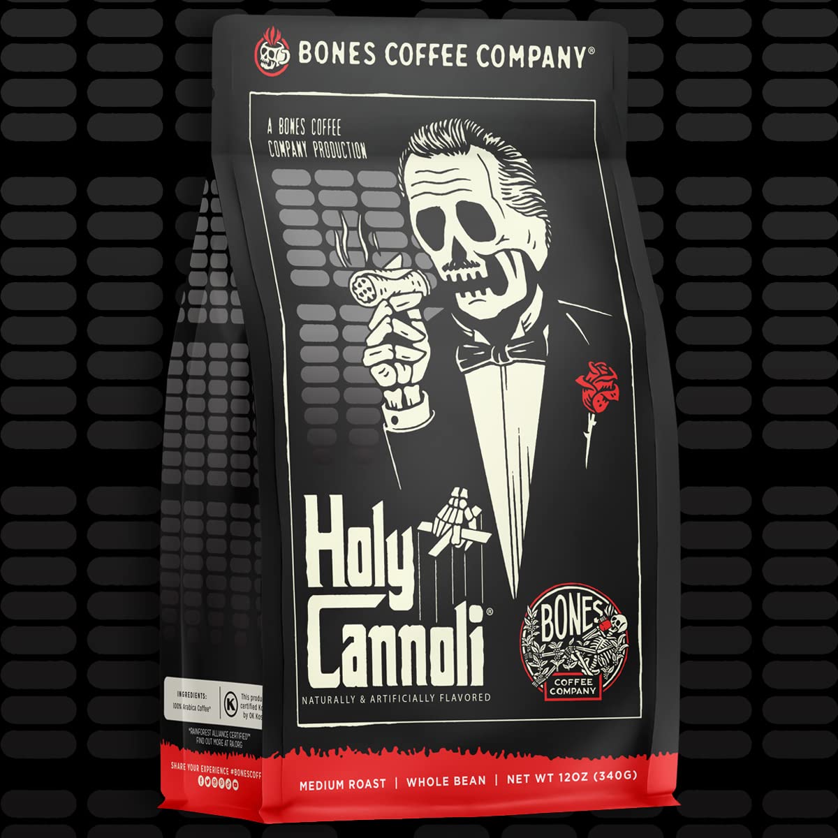 Bones Coffee Company Holy Cannoli, Baked Cannoli Flavored Coffee, Medium Roast Low Acid Arabica Beans Compatible with Auto drip and French Press Coffee Maker, 12 Oz Ground