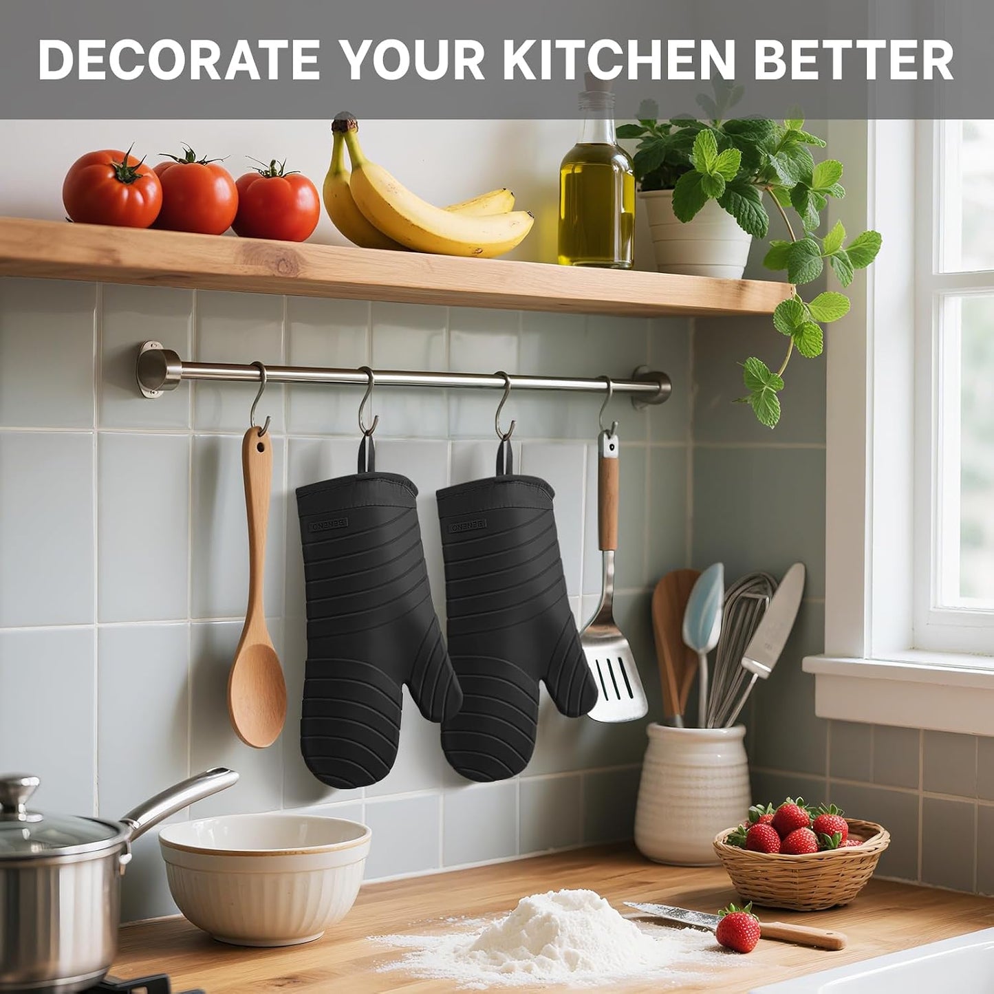 Beneno BPA-Free Silicone Oven Mitt 2-Pack Set, 7"x13", Black | Heat Resistant 500°F Oven Mitts with Non-Slip Grip, Soft Thicker Lining