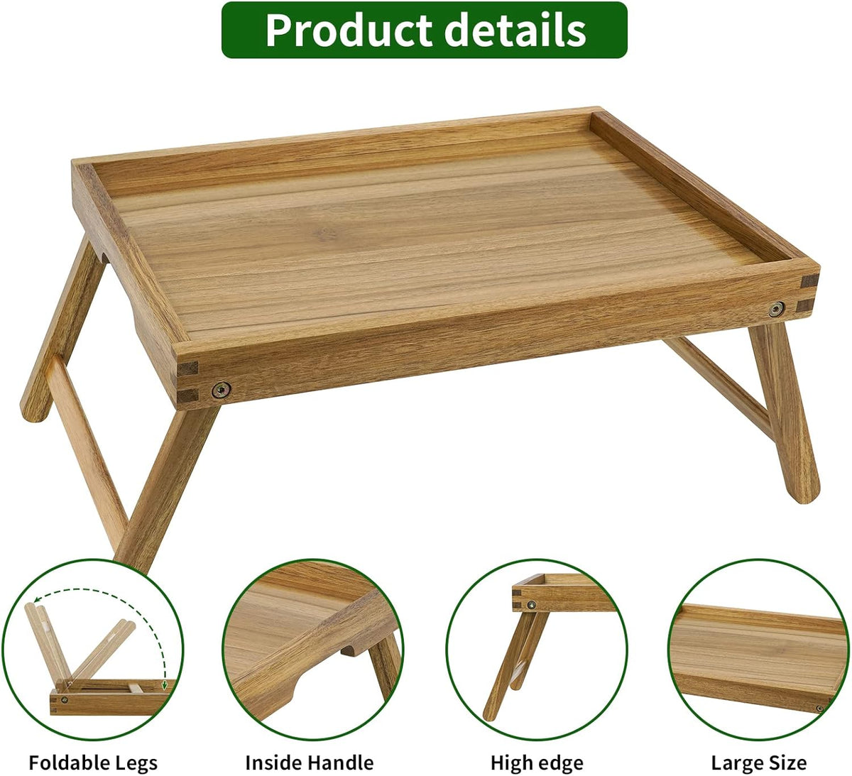 VaeFae Acacia Bed Table Tray, Wooden Breakfast Tray with Folding Legs, Bed Tray for Eating and Laptop, Eating Trays for Bedroom