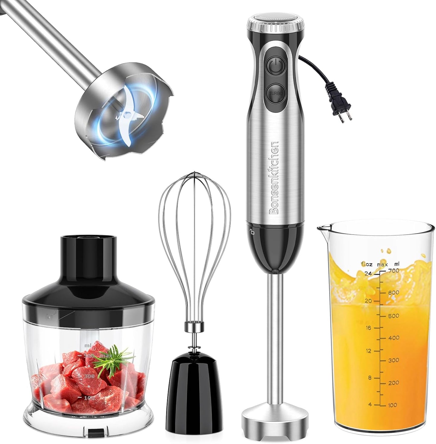 Bonsenkitchen Immersion Blender with Food Processor, 20 Speeds &amp; Turbo Mode | 4-in-1 Emulsion Hand Blender, Egg Whisk, 24 oz Beaker &amp; Chopper Bowl, Portable Hand Mixer for Smoothie, Soup, Baby Food
