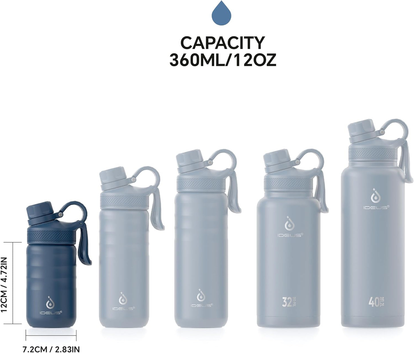 IDEUS Insulated Water Bottle 12oz, Stainless Steel | Vacuum Double Wall, With Straws Leakproof, For Boys And Girls, With 2 Lids, BPA Free