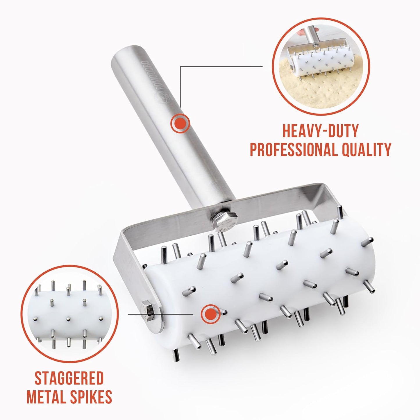 Chef Pomodoro Stainless Steel Pizza Dough Docker Roller (21 x 14.5 cm, Spike Length 7 mm) - Essential Kitchen Tool for