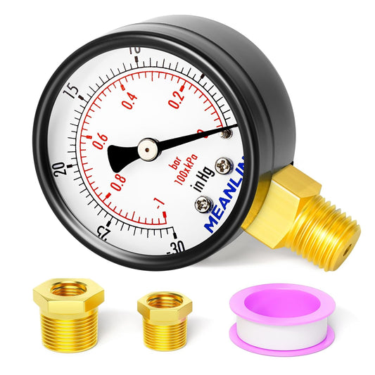 MEANLIN MEASURE -30inHG~0Psi Dry Vacuum Pressure Gauge, 2" DIAL FACE 1/4" NPT WOG Water Oil Air Pressure Test, Lower Mount,