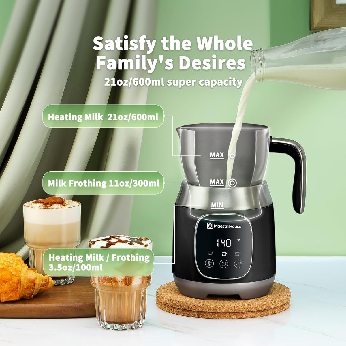 Maestri House DualFro 600 Milk Frother and Steamer 21oz/600mL | Variable Temp 4 Settings &amp; 3 Froth Levels, Memory Function for Latte Cappuccino Hot Chocolate, Dishwasher Safe,Brush Included