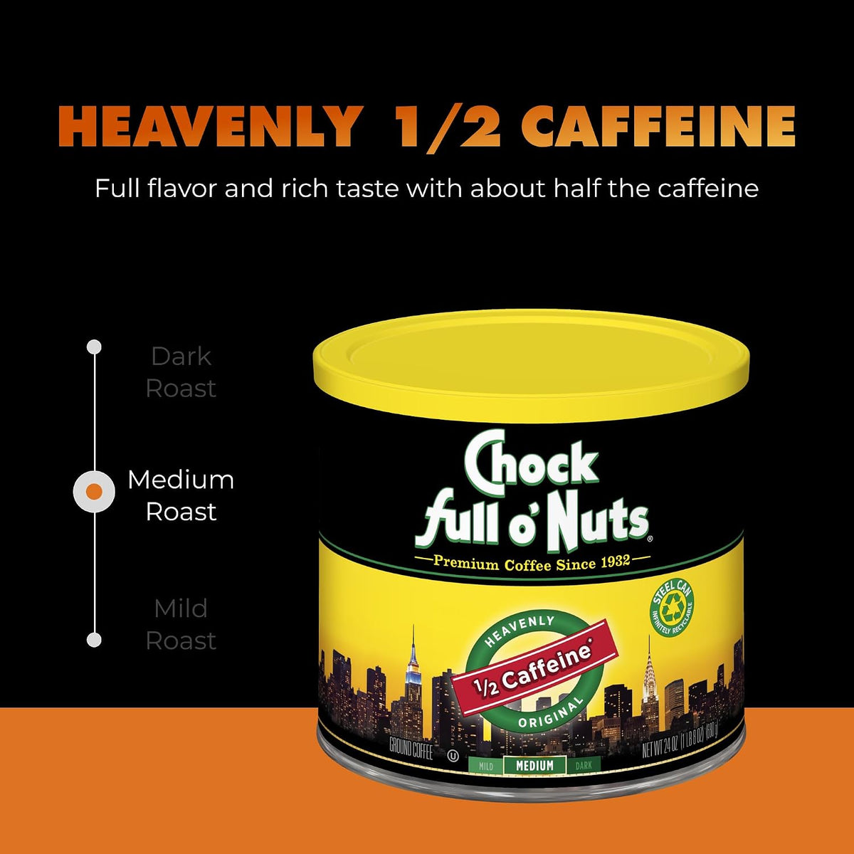 Chock Full o' Nuts Heavenly Original Half Caffeine Ground Coffee – Premium Beans in Recyclable Steel Can – Rich Flavor &amp; Aroma, Medium Roast – Perfect for Drip, Pour-Over, Percolator – 24 Oz Can