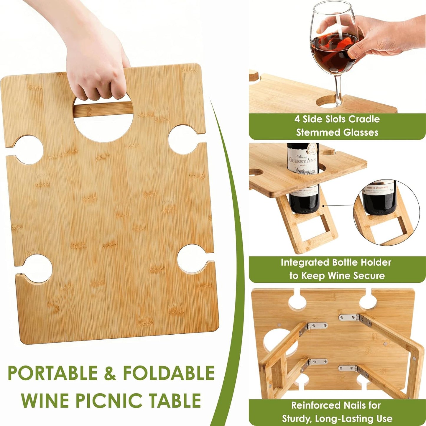 Portable Wine Picnic Table with 5 Wine Glasses Holder, Foldable Champagne Picnic Snack Table, Wine and Cheese Table for