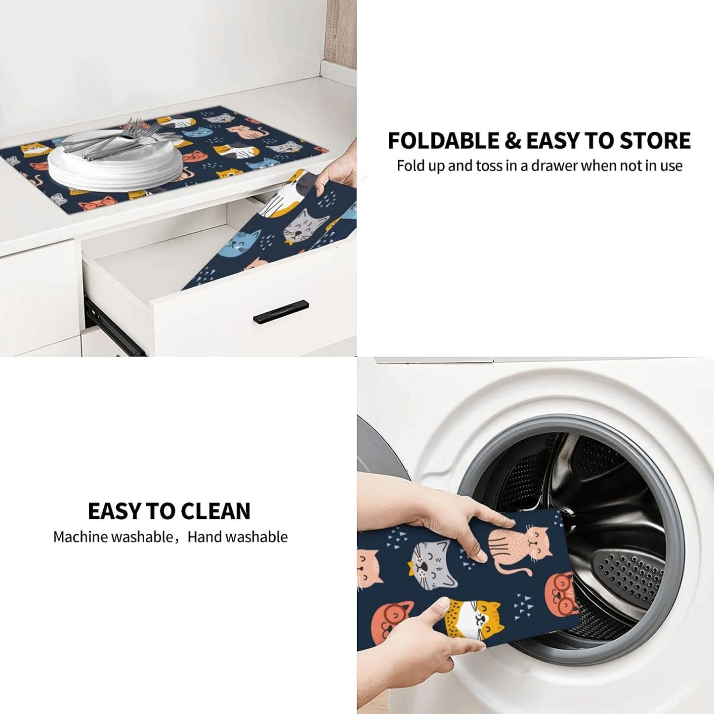 Absorbent Microfiber Dish Drying Mat, Quick Dry Pad for Sink Dishes or Under Rack, Kitchen Counter Accessories, Reusable Washable Extra Large 18"x24" (Cute Cats,Navy blue)