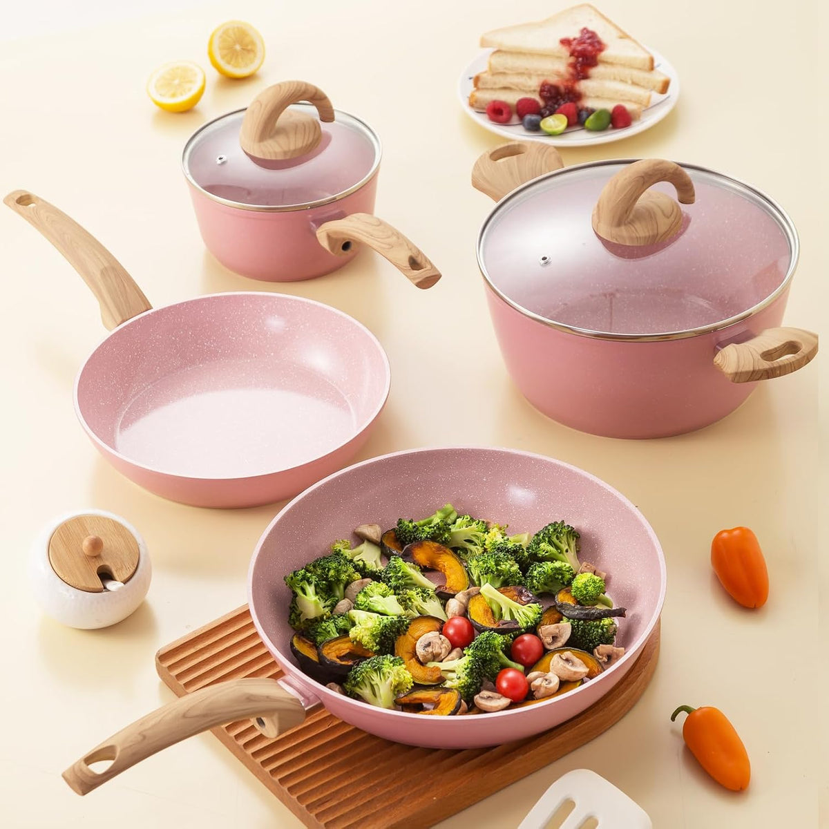 Pink Pots and Pans Set Non Stick, Ceramic Cookware Set with Granite Pattern Kitchen Cooking Sets Induction Pot and Pan w/Frying Pans, Saucepans, Casserole, Non-Toxic, PTFE/PFOA/PFOS-Free