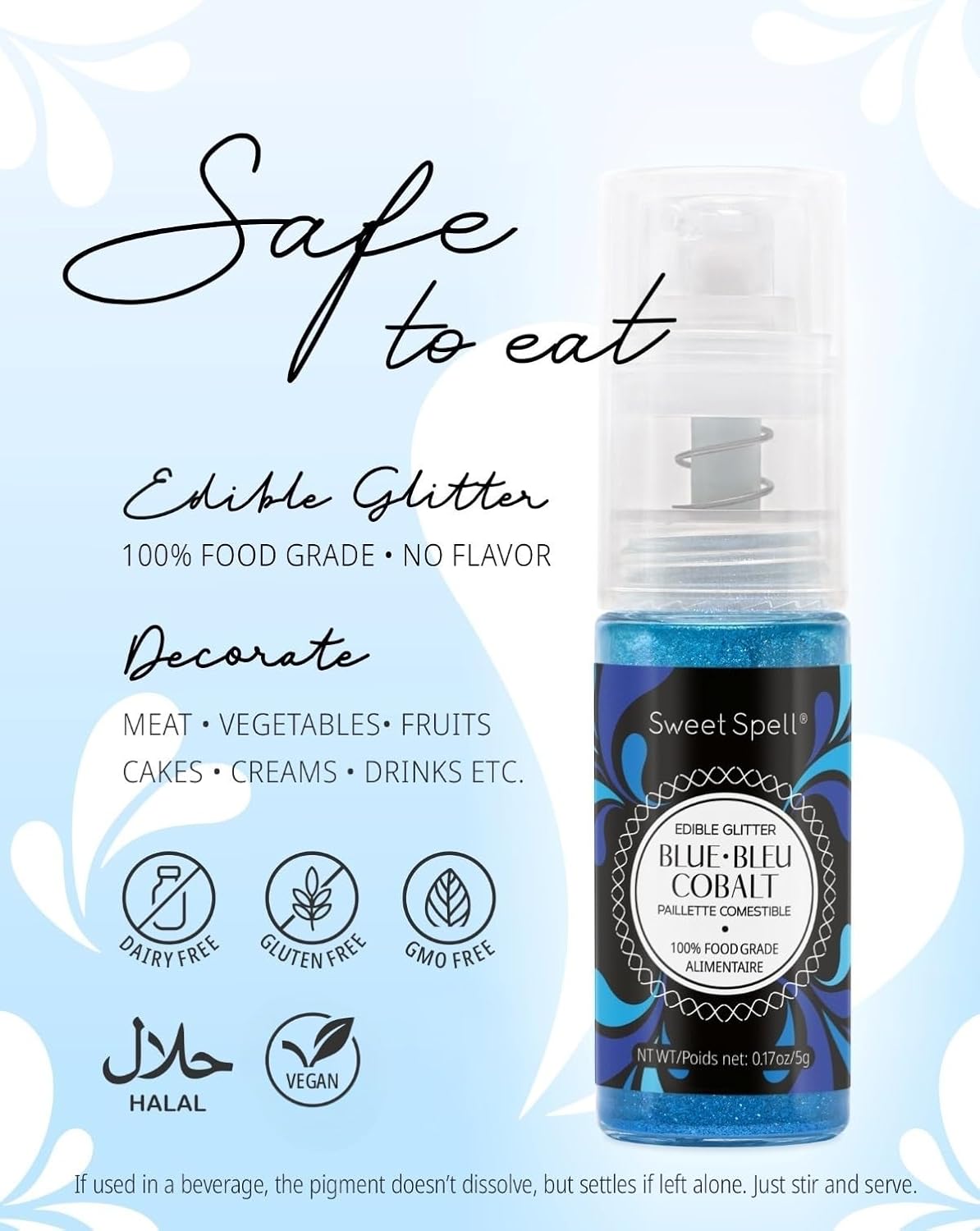 Sweet Spell Edible Glitter Spray for Cakes, Cocktails, Food Grade | 0.17oz (5g), 100% Edible, Vegan, Gluten-Free, Halal, Christmas