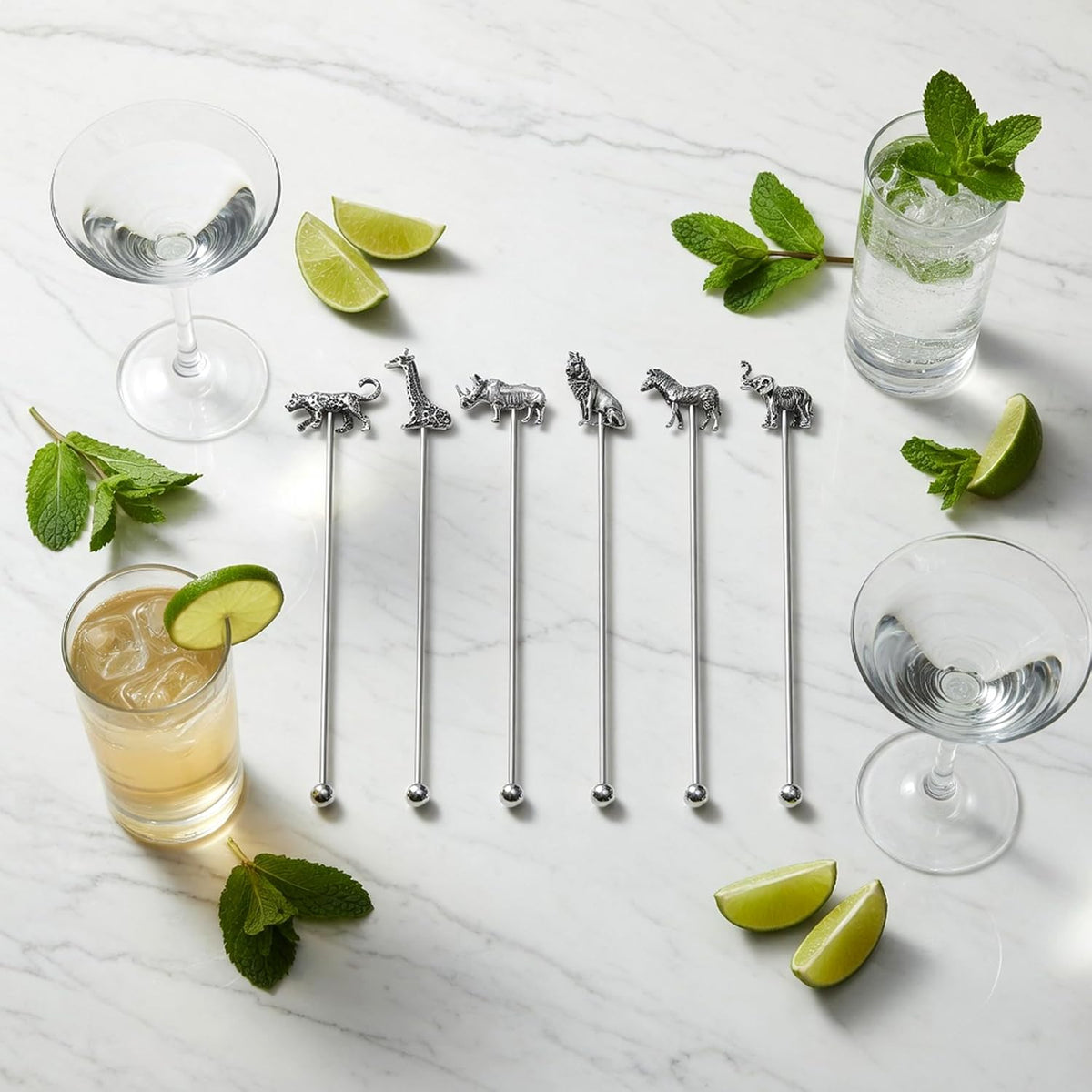 Homestia 6 Pcs 7.5'' Metal Stir Sticks, Cocktail Stirrers, w/Animal Decor | Reusable Stainless Steel Coffee Stirrers, Zinc Alloy Wildlife Head Beverage Drink Stirring Set for Bar Restaurant Home Use