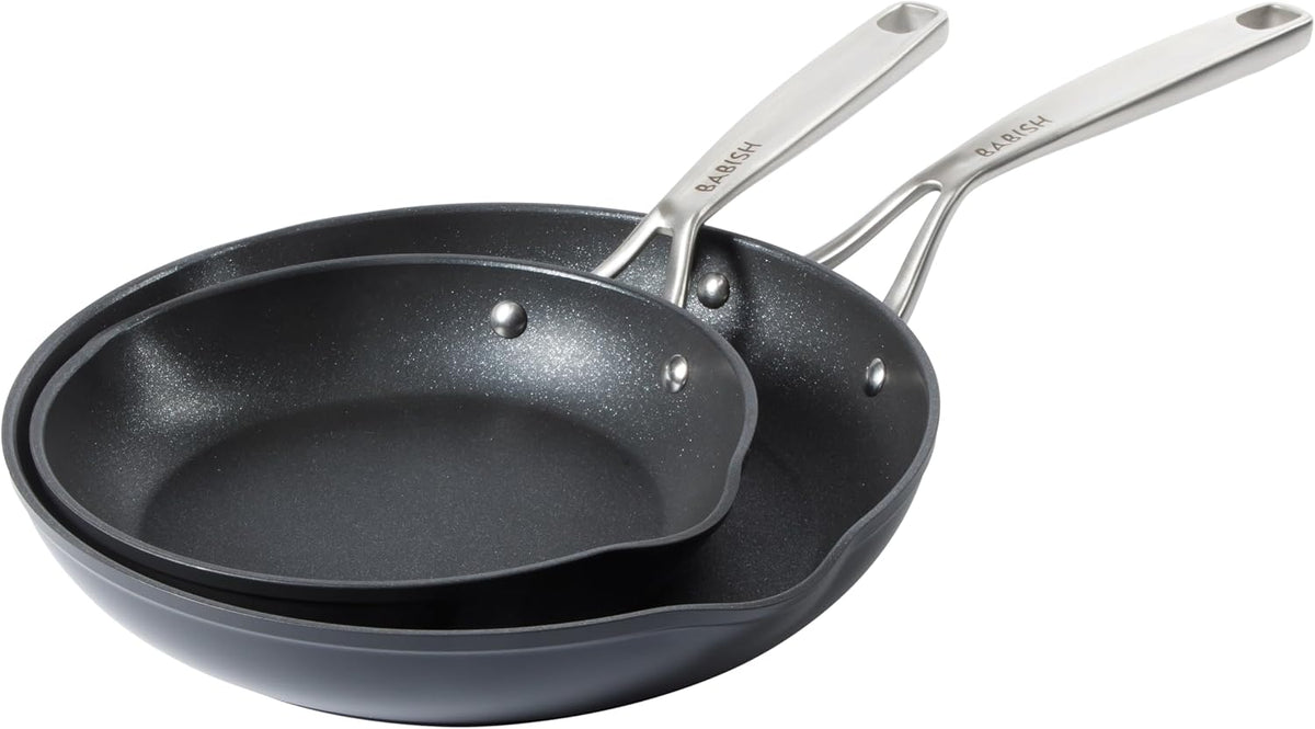 Babish 2 Piece 8 and 10 Inch Fry Pan Hard Anodized Laser Titanium Forever Non Stick Technology Durable Frying Pans Set - Black