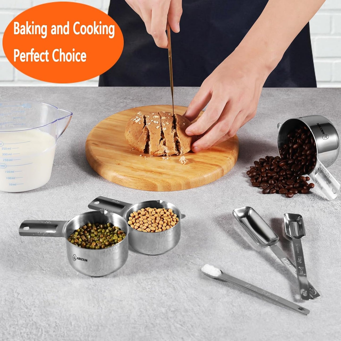 AIKEXIN 20 PCS Measuring Cups &amp; Spoons Set, for Cooking &amp; Baking Gadgets | 18/10 Stainless Steel, Metal Material | Nesting, Stackable Design | Dry &amp; Liquid | Plastic | Leveler, Conversion Chart