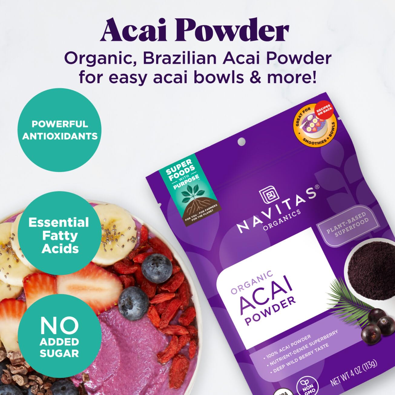 Navitas Organics Acai Powder – for Smoothie Bowls, Oatmeal, Dips, Sauces &amp; More – Antioxidants, Omega 3 6 9, Fiber - USDA Organic, Non GMO, Kosher, Gluten Free, Keto (4oz. Bag, 38 Servings)