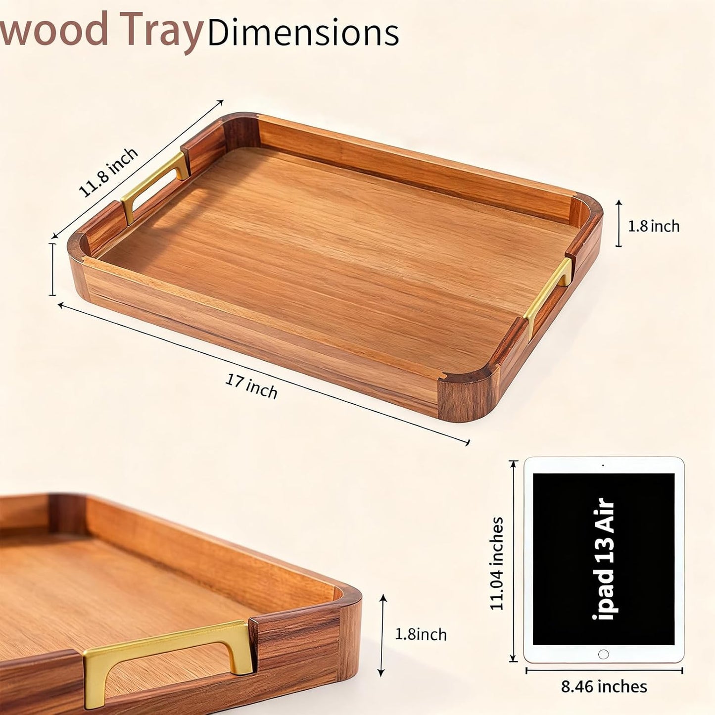 Acacia Wood Serving Tray with Metal Handles, 17x12in Food Drinks Tray for Coffee Table, Breakfast, Dinner &amp; Bar, Rustic Decorative Storage Tray for Ottoman, Kitchen, Parties