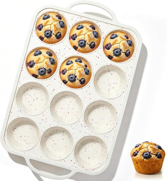 Vinino 1Pack Silicone Muffin Pan for Baking with Metal Reinforced Frame, 12 Cup Regular Size Cupcake Pan, BPA Free Silicone Muffin Tray, Cupcake Baking Pan Molds for Oven Dishwasher Safe - Cream