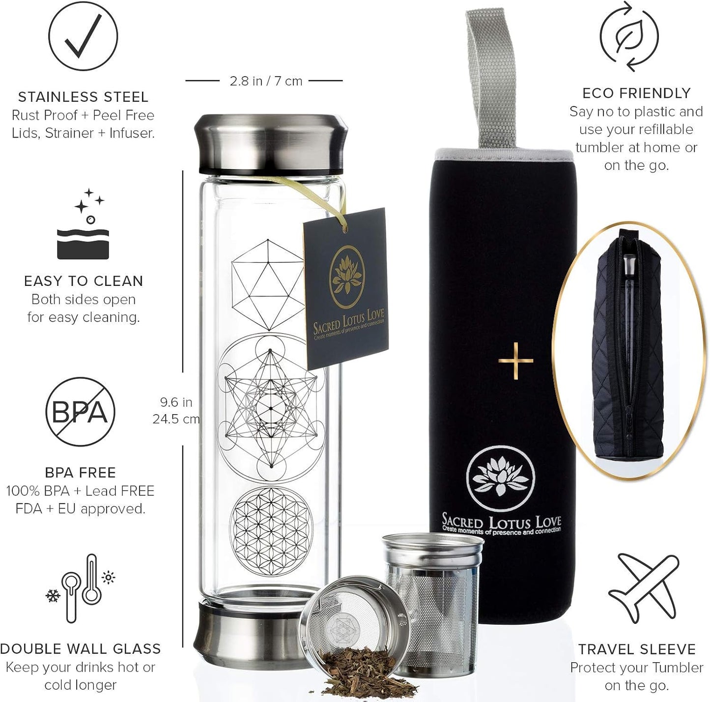 Sacred Lotus Love Double-Walled Glass Tea Infuser Bottle 14oz Portable Travel Mug with Strainer and Sleeve for Loose Leaf Tea, Coffee, Smoothies - Insulated Tumbler with Lid for Hot and Iced Beverages