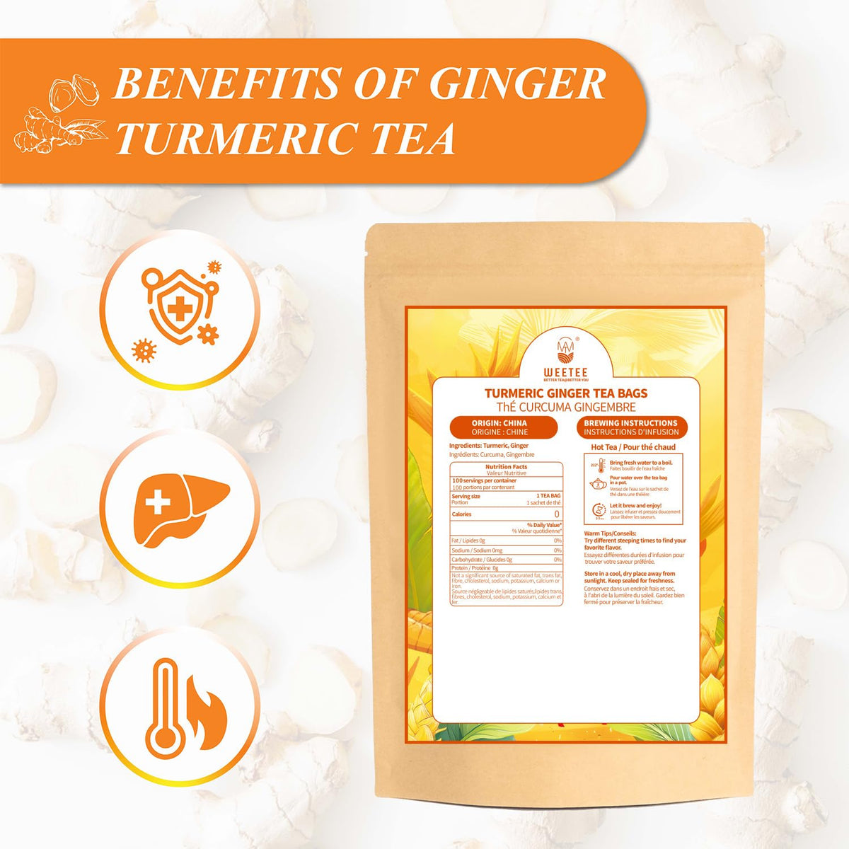 WT WEETEE Turmeric Ginger Tea Bags 100 Count, Rich Antioxidant Warm &amp; Spicy | 100% Pure Turmeric and Ginger Root Herbal Blend Savory &amp; Spicy, Caffeine-free Spice Tea for Golden Milk &amp; Daily Refreshment