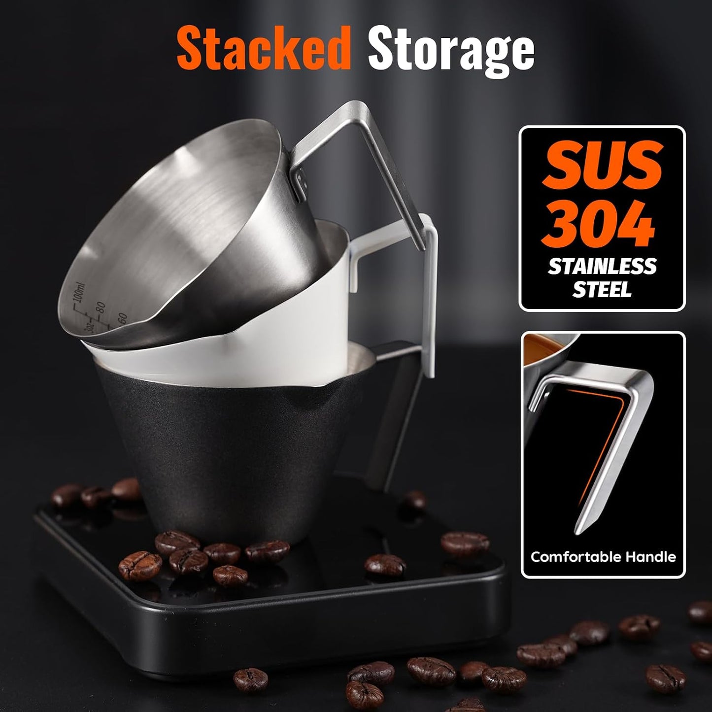 YARRAMATE Stainless Steel Espresso Shot Cup, 3.4oz/100ml (Silver) | Heat Insulated Grip, Stackable, Dual-Scale Accuracy, Easy to Rinse Clean, Fits Espresso Maker