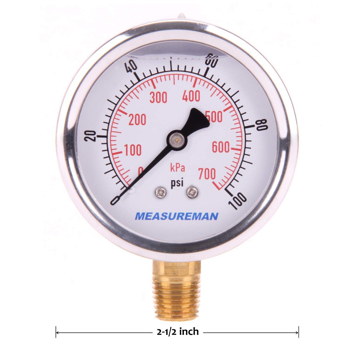 MEASUREMAN Pressure Gauge 1/4 NPT, 0-100psi/kPa Glycerin Filled Pressure Gauge with 2.5 Inch Dial Size and 304 Stainless Steel Case (0-100 psi, Lower Mount)
