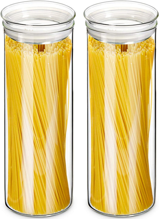 ZENS Glass Spaghetti Pasta Storage Container with Lids Set of 2, 65oz Tall Clear Airtight Food Storage Jar Canisters for