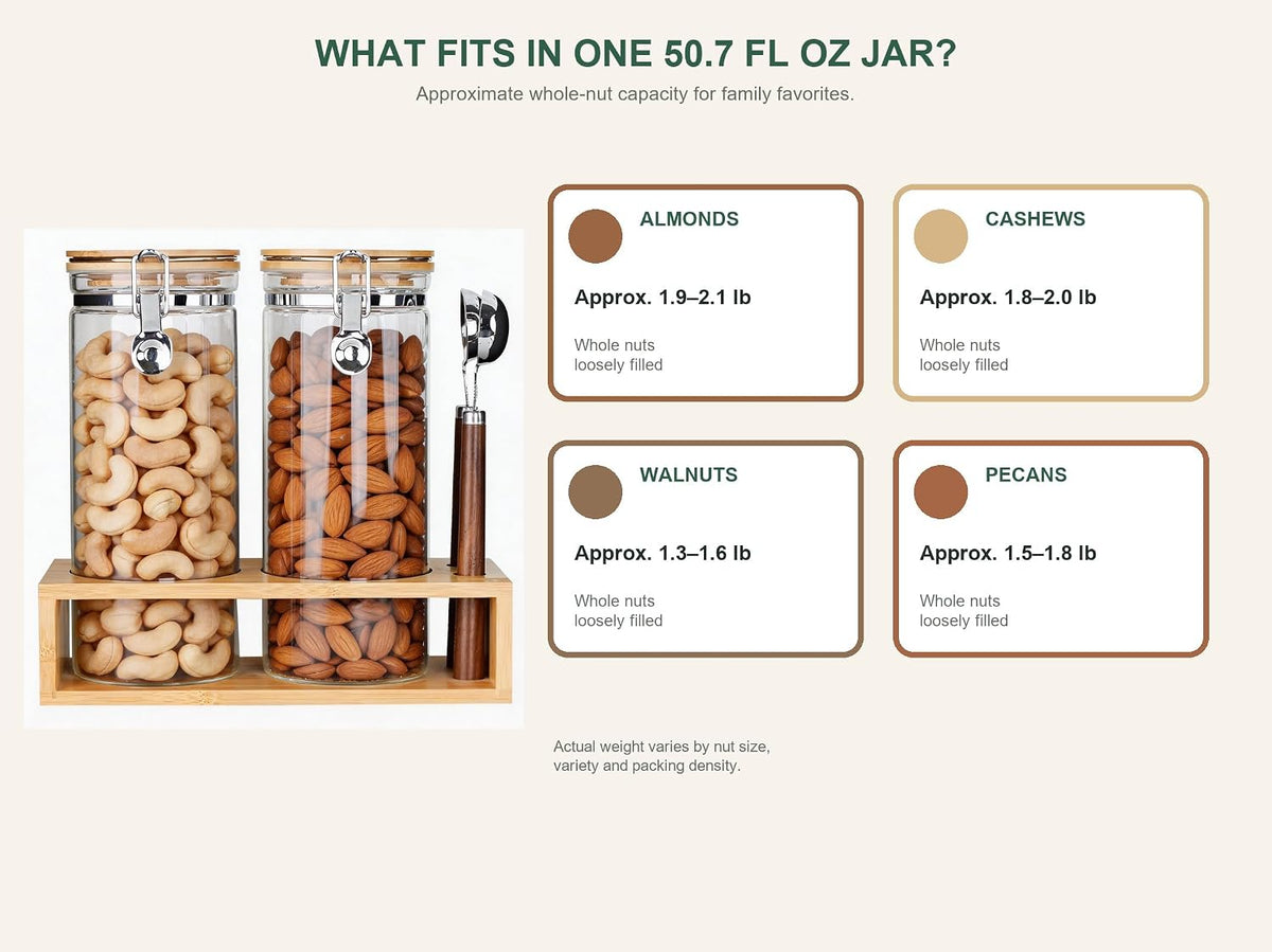 KKC Nut Storage Containers with and Scoops, 2 Pack (50 oz / 1.5L) - Glass Nut Jars with Bamboo Lids, Kitchen Counter Nut Storage for Almonds Cashews Walnuts