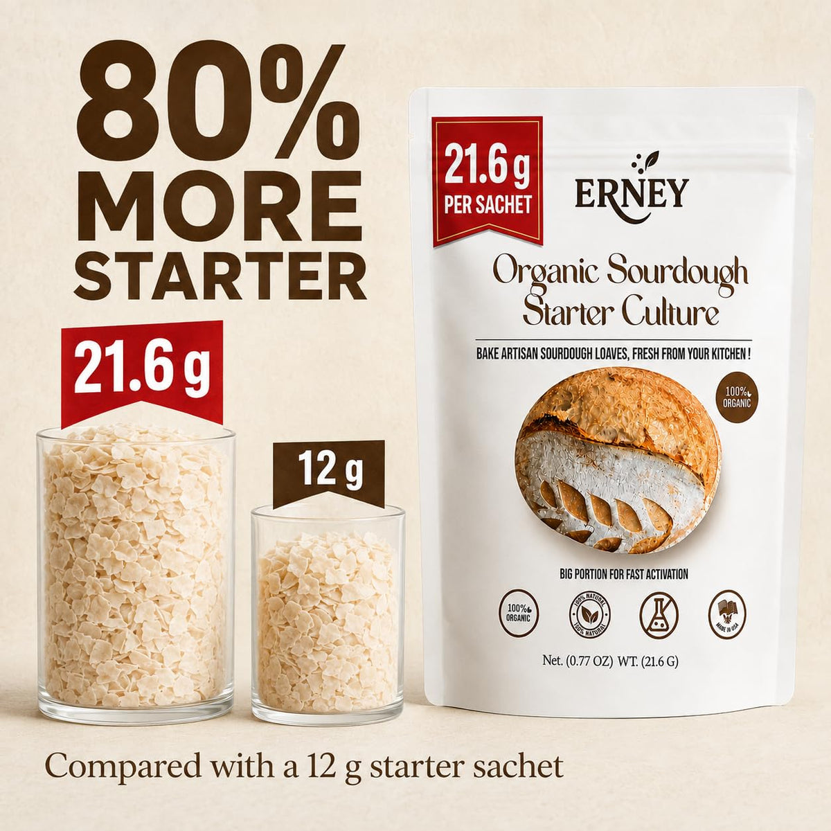 ERNEY Dehydrated Sourdough Starter - 21.6g Sachet for Artisan Bread