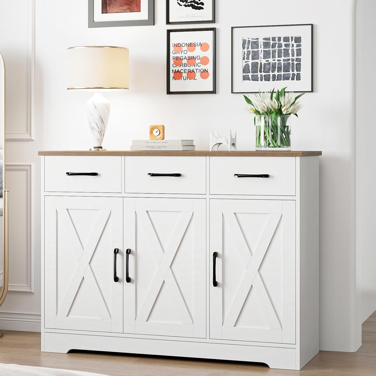 HOSTACK Kitchen Buffet Cabinet with Storage, Sideboard Coffee Bar, White | Farmhouse Kitchen Storage Cabinet with 3 Drawers &amp; Adjustable Shelf, 42.5"W Buffet Table for Dining Living Room