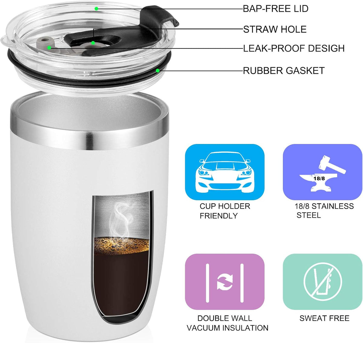 VEGOND Stainless Steel 12 oz Tumblers bulk Vacuum Insulated Double Wall Travel Tumbler with Lid and Straw Reusable Tumbler,White 6 pack