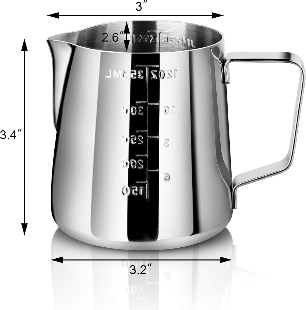 New Star Foodservice 28805 Stainless Steel Frothing Pitcher, 12 oz Espresso Milk Steaming Cup with Measurement Scale, Commercial Grade 18/8 Barista Pitcher for Lattes, Cappuccinos, Coffee, Silver