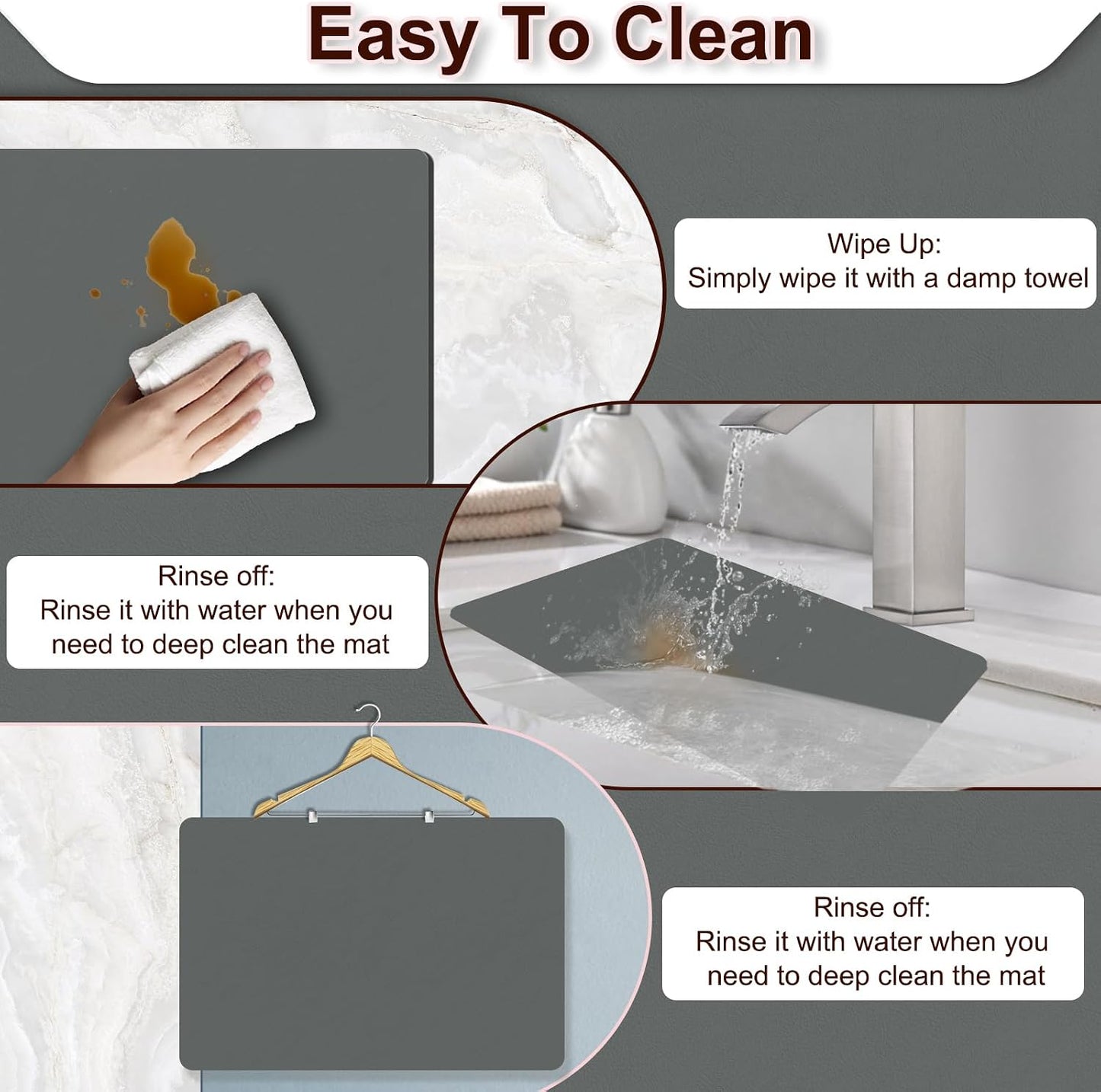 BLESWIN Dish Drying Mat for Kitchen, 16'' x 24'' Coffee Bar Mat for Countertops, Coffee Station Matt with Non-slip Rubber Backed, Absorbent Dish Dying Mat for Kitchen Counter, Gray
