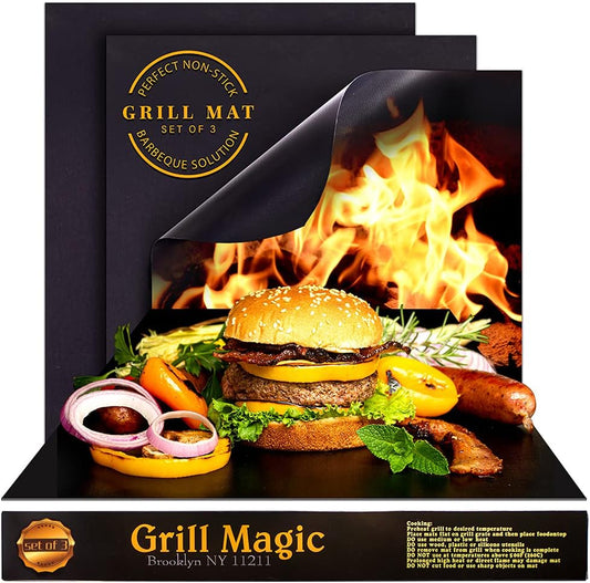 BBQ Grill Mat Set of 3-100% Nonstick Large Grilling Sheets - Heavy Duty Cooking Mats for Outdoor Grill Charcoal, Gas or