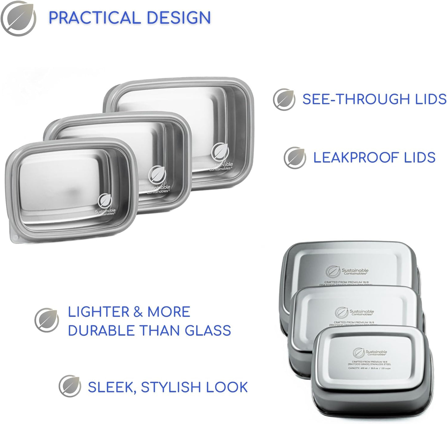 Stainless Steel Food Storage Containers with Clear Platinum Silicone Lids, Airtight