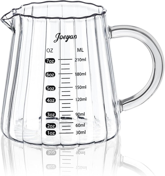 Joeyan 7 oz Glass Measuring Cups with Spout,Borosilicate Large Glass Triple Pitcher with Scale,Origami Style Espresso Shot