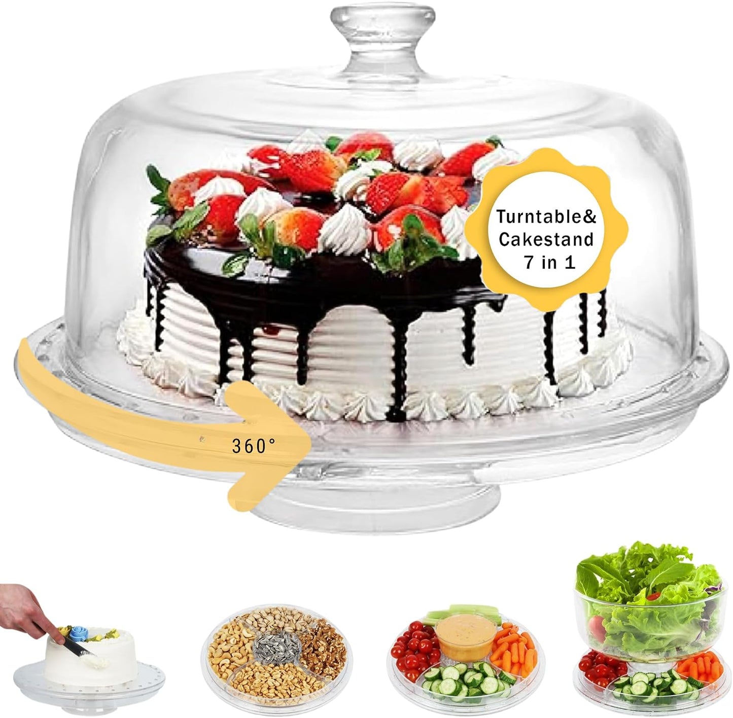 7in1 Rotating Multifunctional Acrylic Cake Stand with Lid &amp; Cake Turntable | 12" Cake Turntable for Decorating Kit Serving Salad Bowl/Veggie Platter/Punch Bowl/Desert Platter - BPA Free