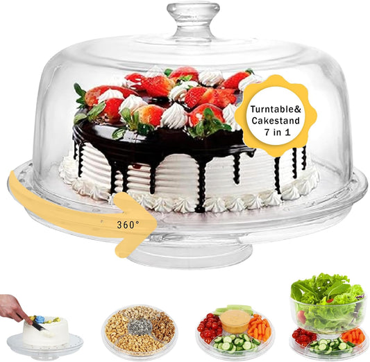 7in1 Rotating Multifunctional Acrylic Cake Stand with Lid &amp; Cake Turntable | 12" Cake Turntable for Decorating Kit Serving Salad Bowl/Veggie Platter/Punch Bowl/Desert Platter - BPA Free
