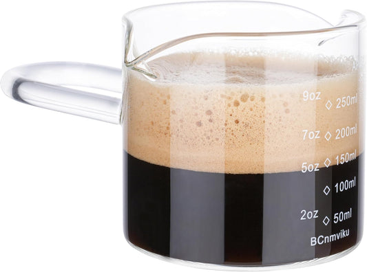 BCnmviku 250ML/8.5OZ Espresso Glass Measuring Cup Triple Pitcher Milk Cup Espresso Cups with U-shape Handle Espresso Shot
