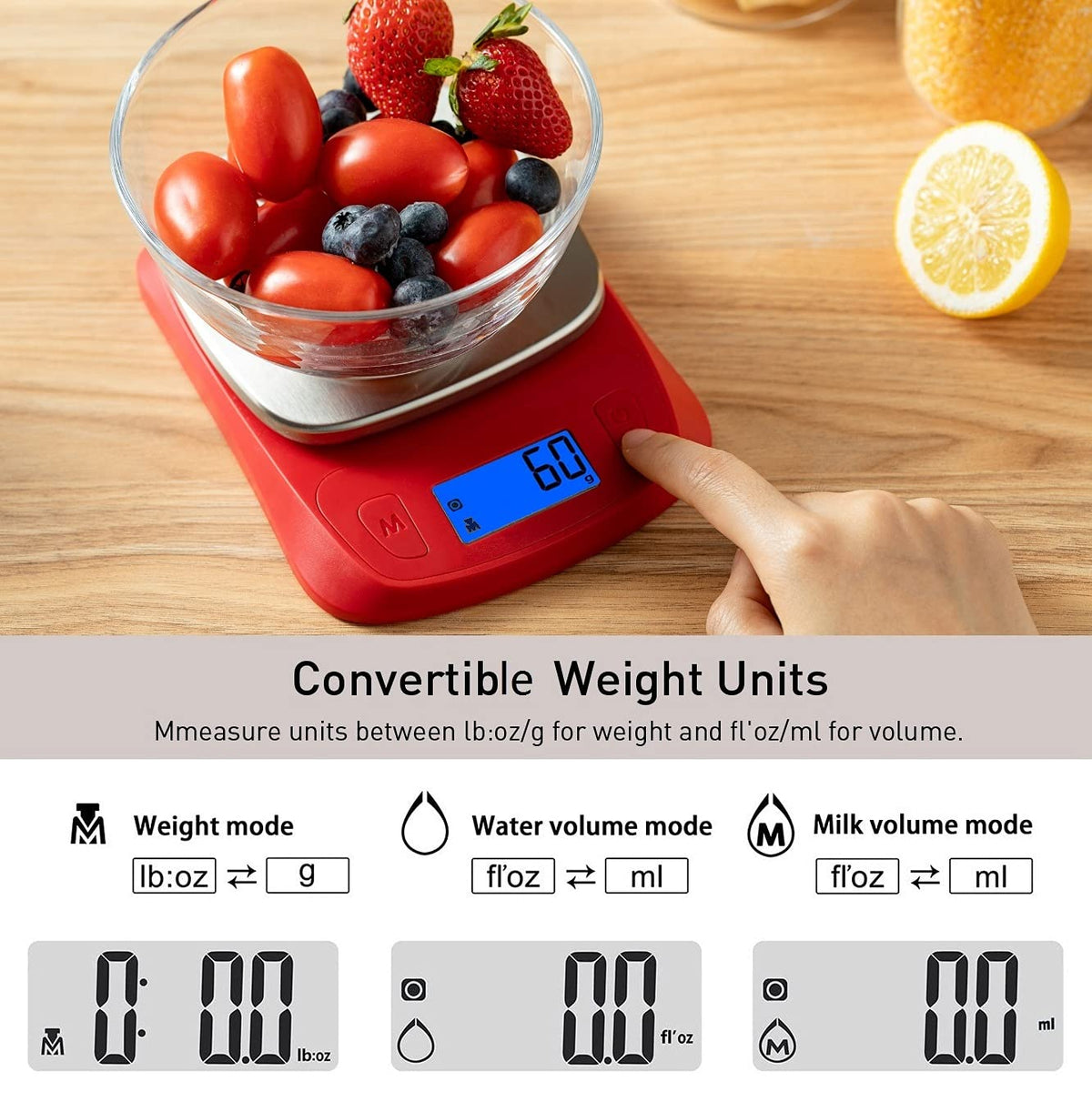 Ultra Slim Food Scale Digital Kitchen Scales Weight Grams Oz Red | Stainless Steel Panel, 1g Increment, Max 11lbs, Backlit Screen, High Precision, Coffee Making, Meal Prep, Include Batteries