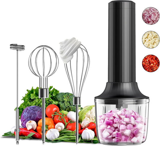 Electric Hand Mixer with MixgoII, Handheld Mixer Electric Whisk, Rechargeable Cordless Handheld Mixer &amp; Milk Frother, Small Food Chopper for Dicing, Mincing, and Puree, 4-Speed, 10Oz