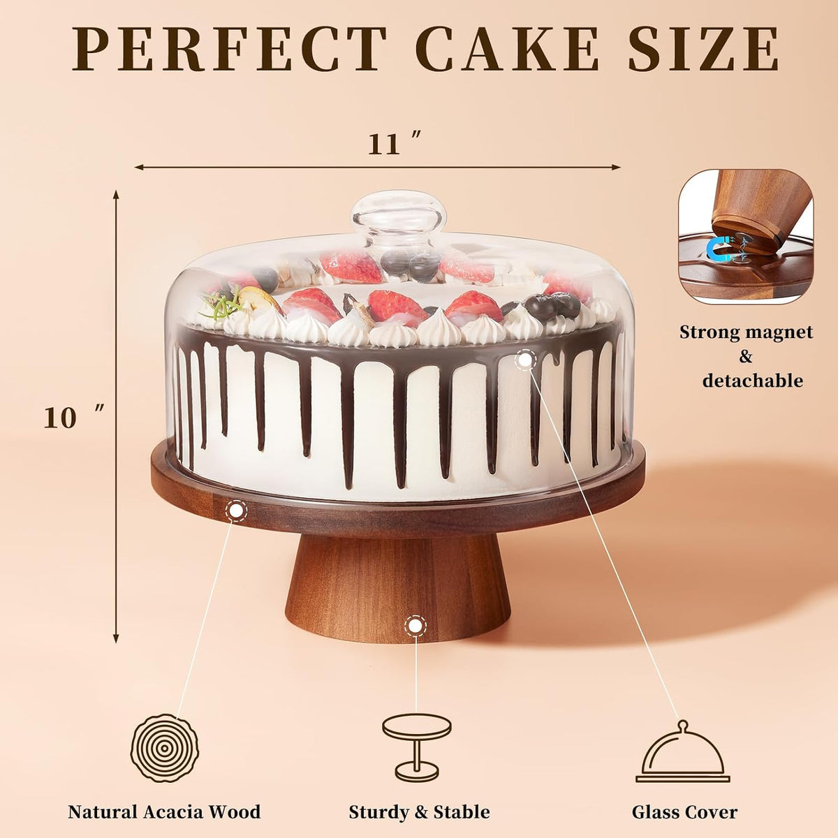 VIVIRBIEN Wooden Cake Stand with Lid: 11in Stand w/Magnetic Pedestal | Durable Glass Dome-Solid Acacia Holder-Multi-use for Dessert/Cupcake-Ideal for Kitchen/Birthday/Party/Decor/Charcuterie