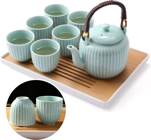 Dujust Japanese Tea Set, Cyan-blue Porcelain Tea Set with 1 Teapot Set, 6 Tea Cups, 1 Tea Tray, 1 Stainless Infuser, Asian