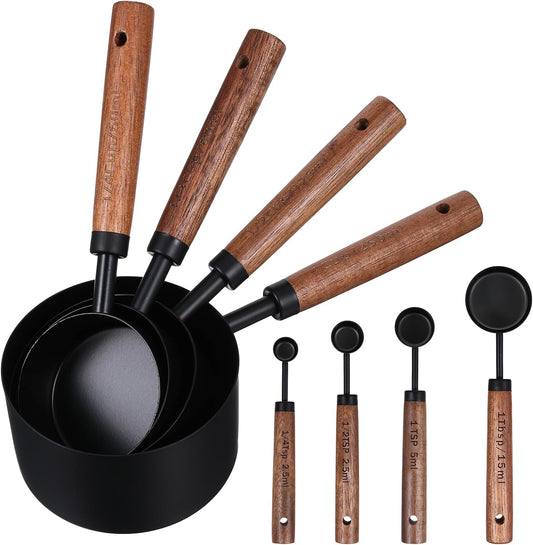 Stainless Steel Measuring Cups Set and Measuring Spoons Wooden Handle Metal Measure Cups and Spoons for Cooking and Baking,