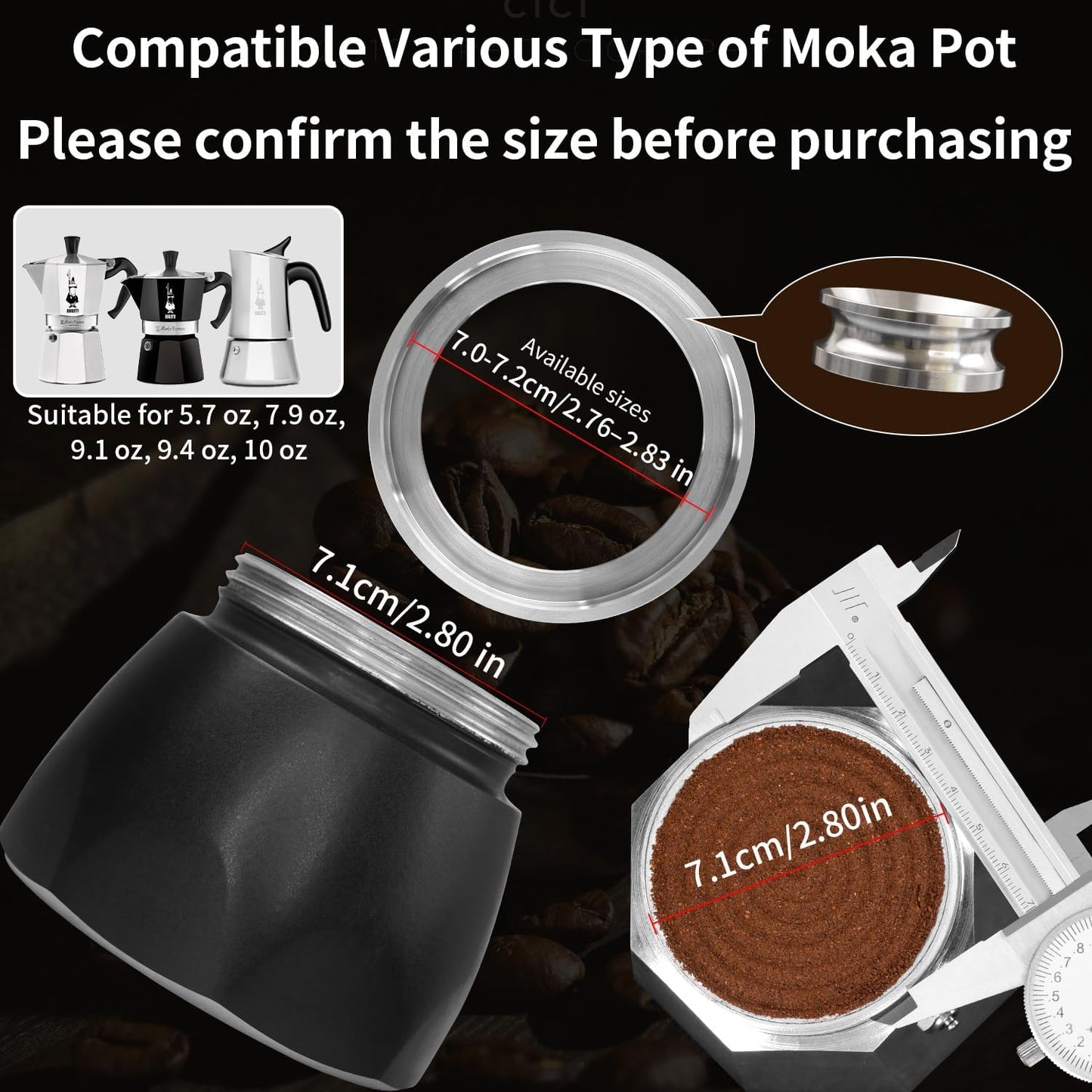 4-6-Cup Moka Pot Tamper, 304 SS Dosing Funnel &amp; Distributor, Silver | Suitable for Moka pots with a diameter of 2.76-2.83 Inches
