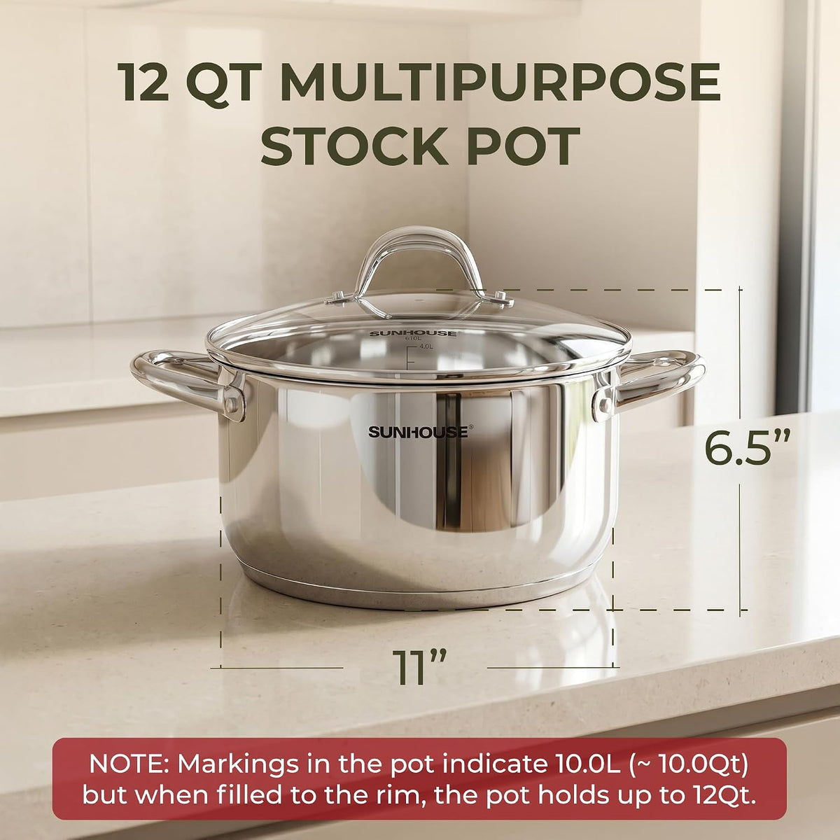 Sunhouse Stainless Steel Stock Pot - 11 Quart Heavy-Duty Induction Cooking Pot with Visible Lid for Pasta, Soup, Spaghetti - Nonstick Thick-Bottom Deep Stockpot for Canning, Boiling, and Simmering