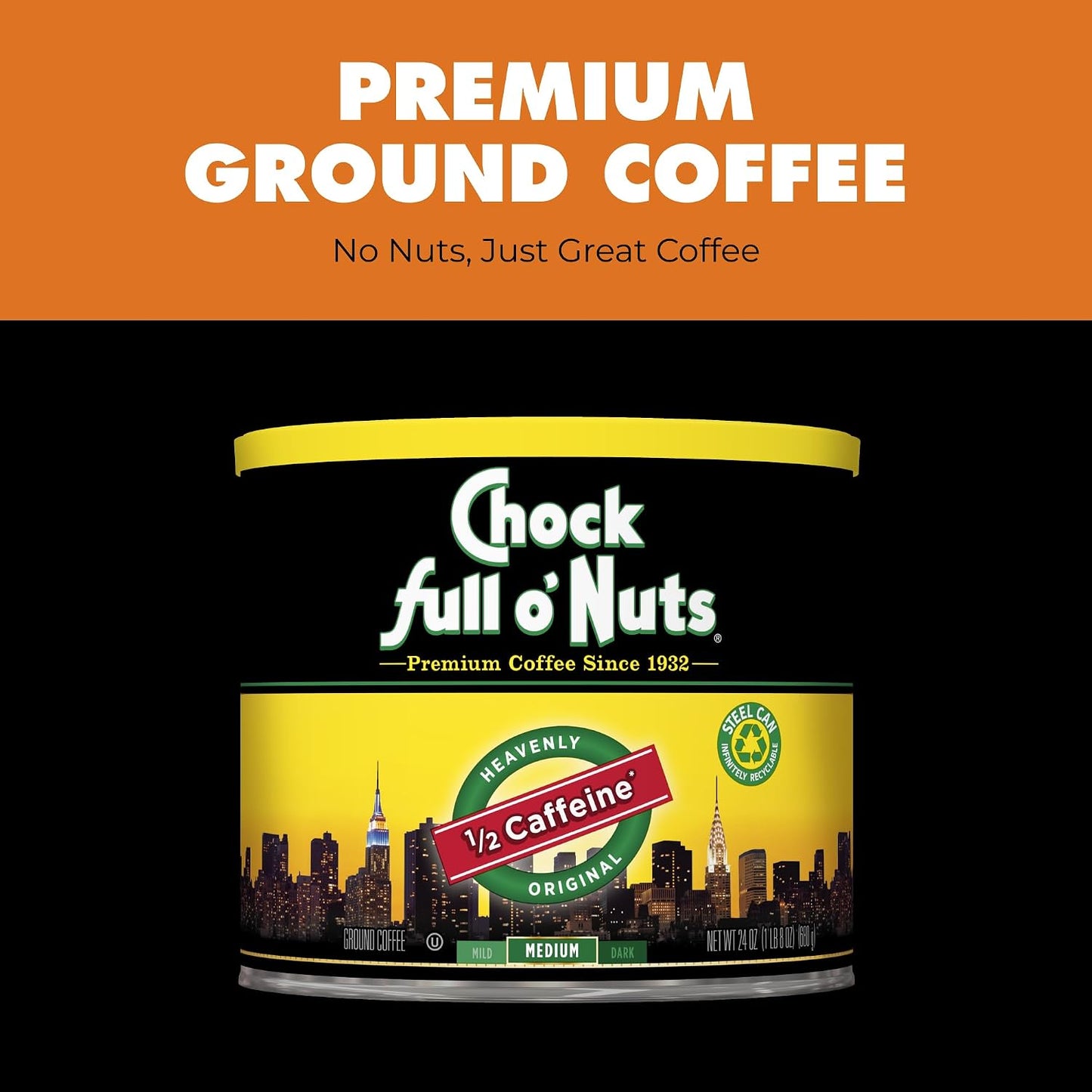 Chock Full o' Nuts Heavenly Original Half Caffeine Ground Coffee – Premium Beans in Recyclable Steel Can – Rich Flavor &amp; Aroma, Medium Roast – Perfect for Drip, Pour-Over, Percolator – 24 Oz Can