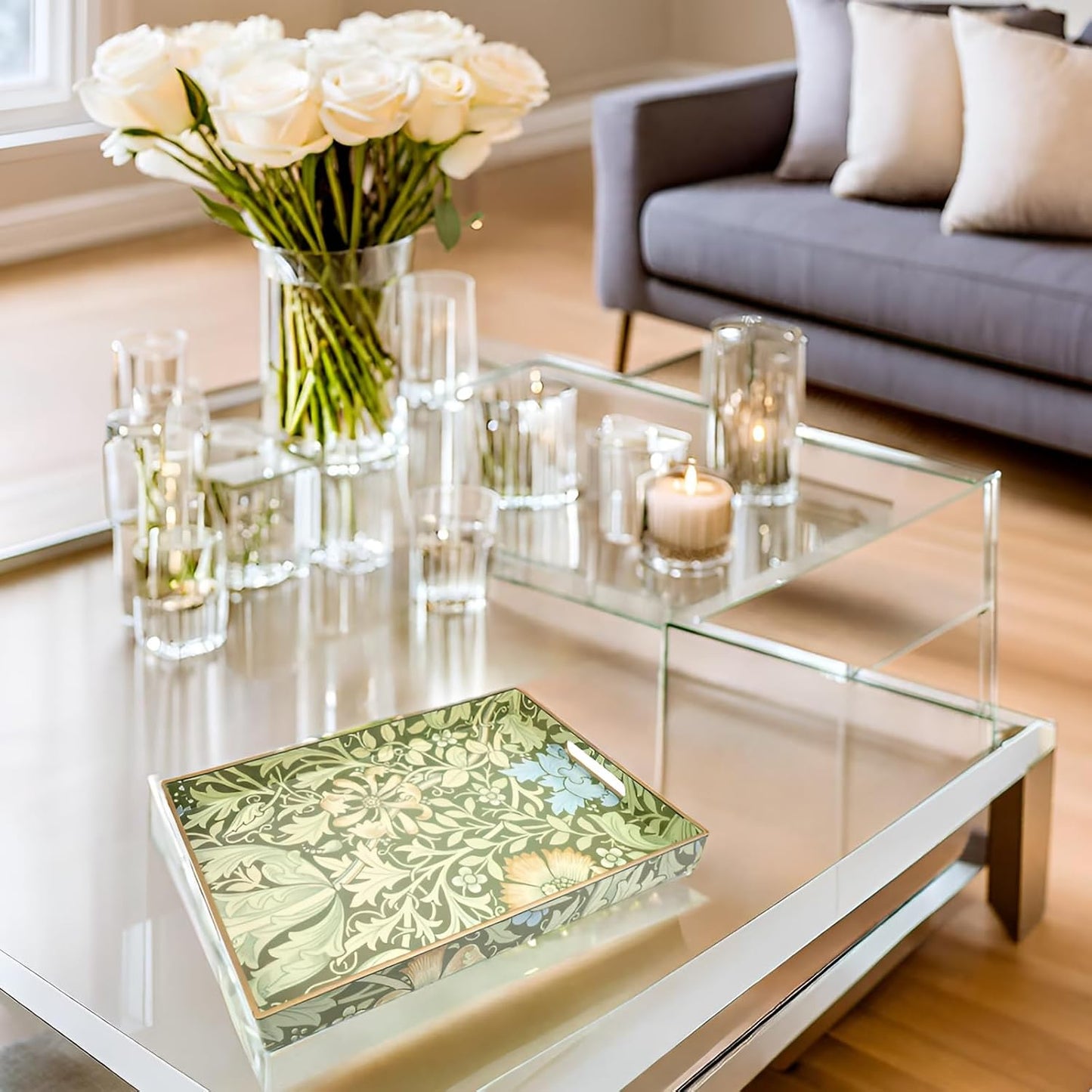 Spsyrine Plastic Serving Tray with Handles for Coffee Table, Compton | Rectangular Decorative Couch Tray, Countertop Organizer Tray for Ottoman, Living Room, Home Decor 15.7"L x 11.8"W x 1.57"H