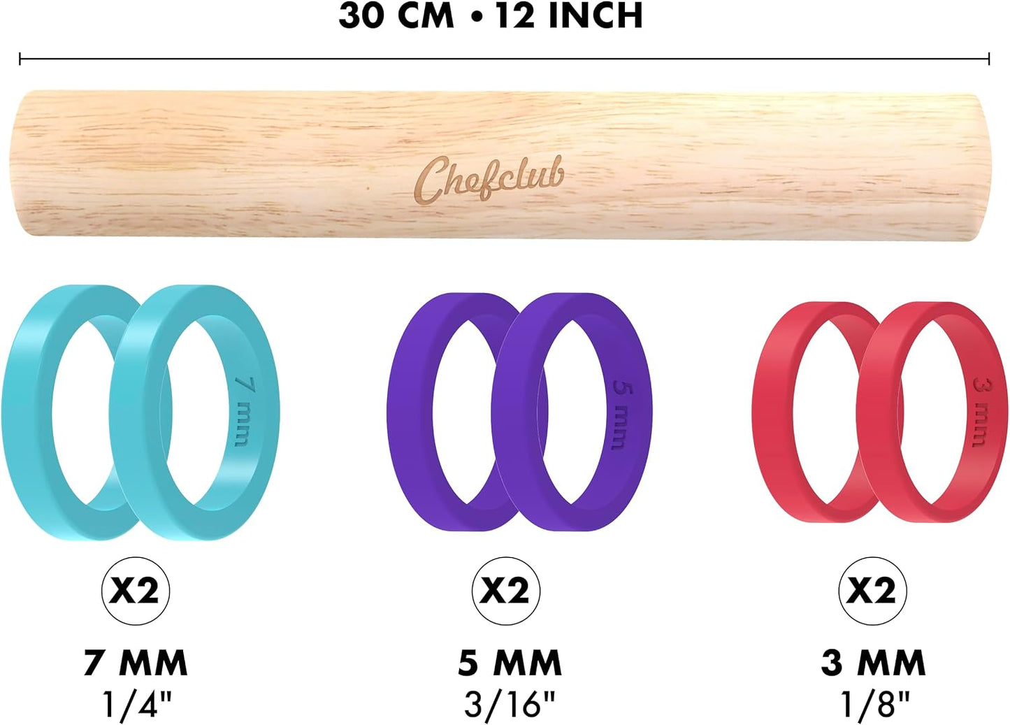 Chefclub Kids Adjustable Wooden Rolling Pin - 3 Removable Silicone Rings - Perfect for Baking &amp; Pastry, Pizza, Pie, Cookie Dough - Precision Baking Tool for Kids | 3 Removable Silicone Rings for 3 Different Dough Thicknesses – 7 mm, 5 mm and 3 mm – Re